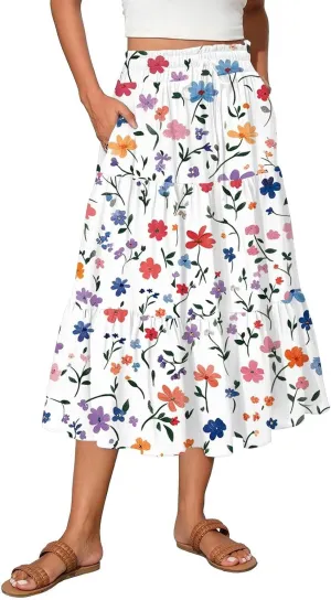 Women's Midi Boho Floral Tiered Skirts Trendy Drawstring High Elastic Waist Comfy Flowy A Line Skirt Skorts with Pockets