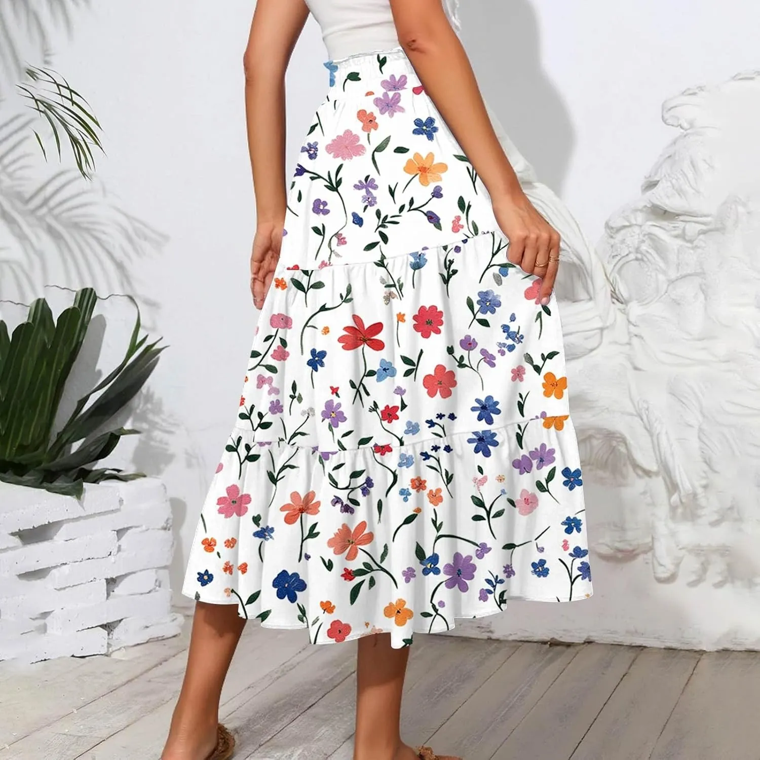 Women's Midi Boho Floral Tiered Skirts Trendy Drawstring High Elastic Waist Comfy Flowy A Line Skirt Skorts with Pockets