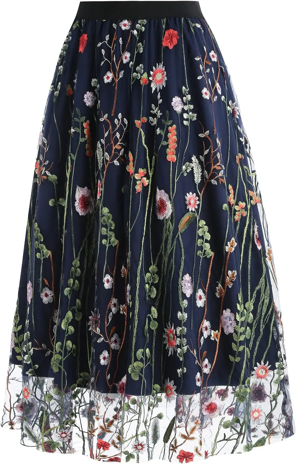 Women's Midi Length Skirt Layered Tulle A Line Skirts Embroidery/Floral Print Elastic Waist
