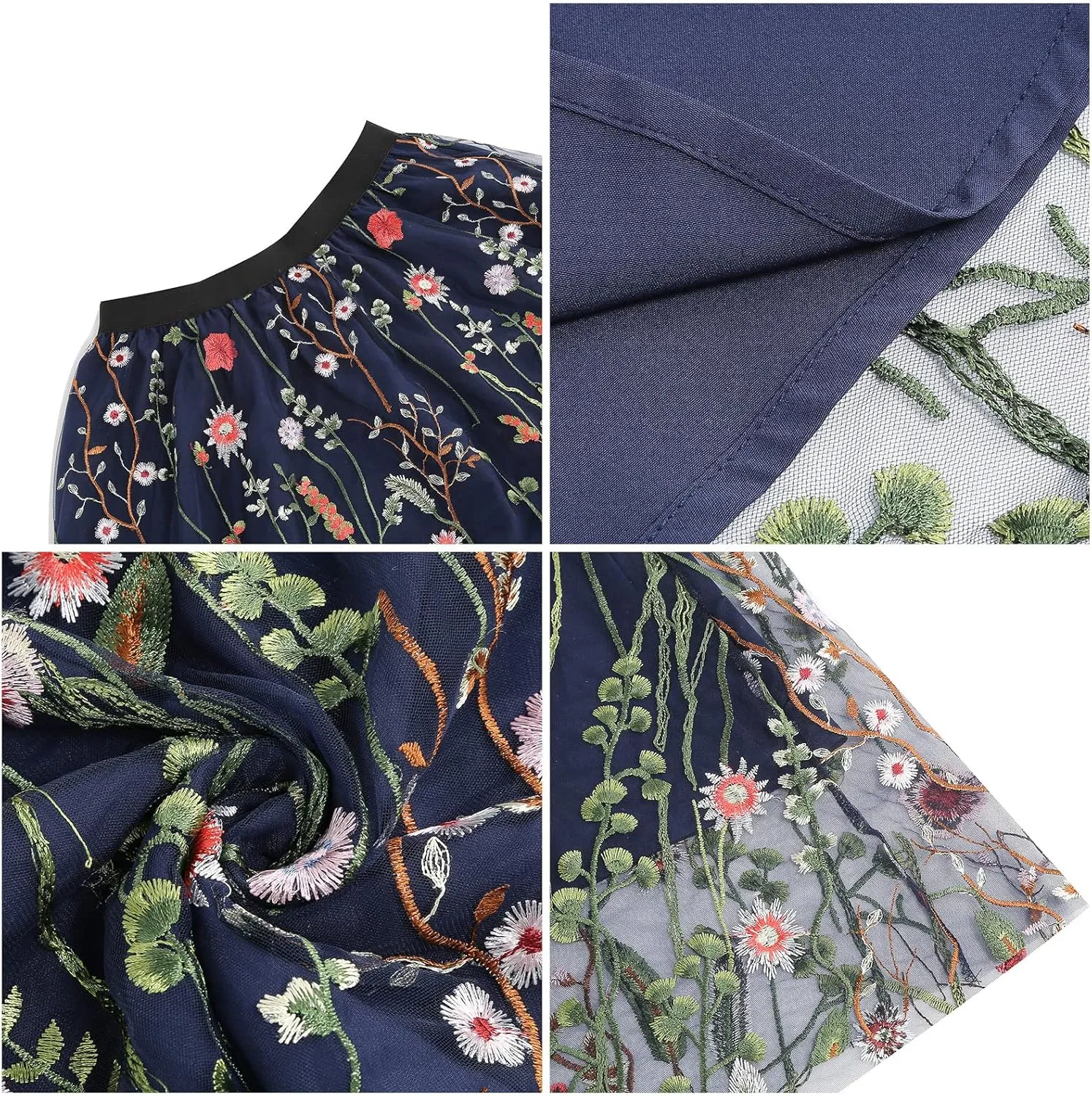 Women's Midi Length Skirt Layered Tulle A Line Skirts Embroidery/Floral Print Elastic Waist