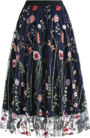 Women's Midi Length Skirt Layered Tulle A Line Skirts Embroidery/Floral Print Elastic Waist