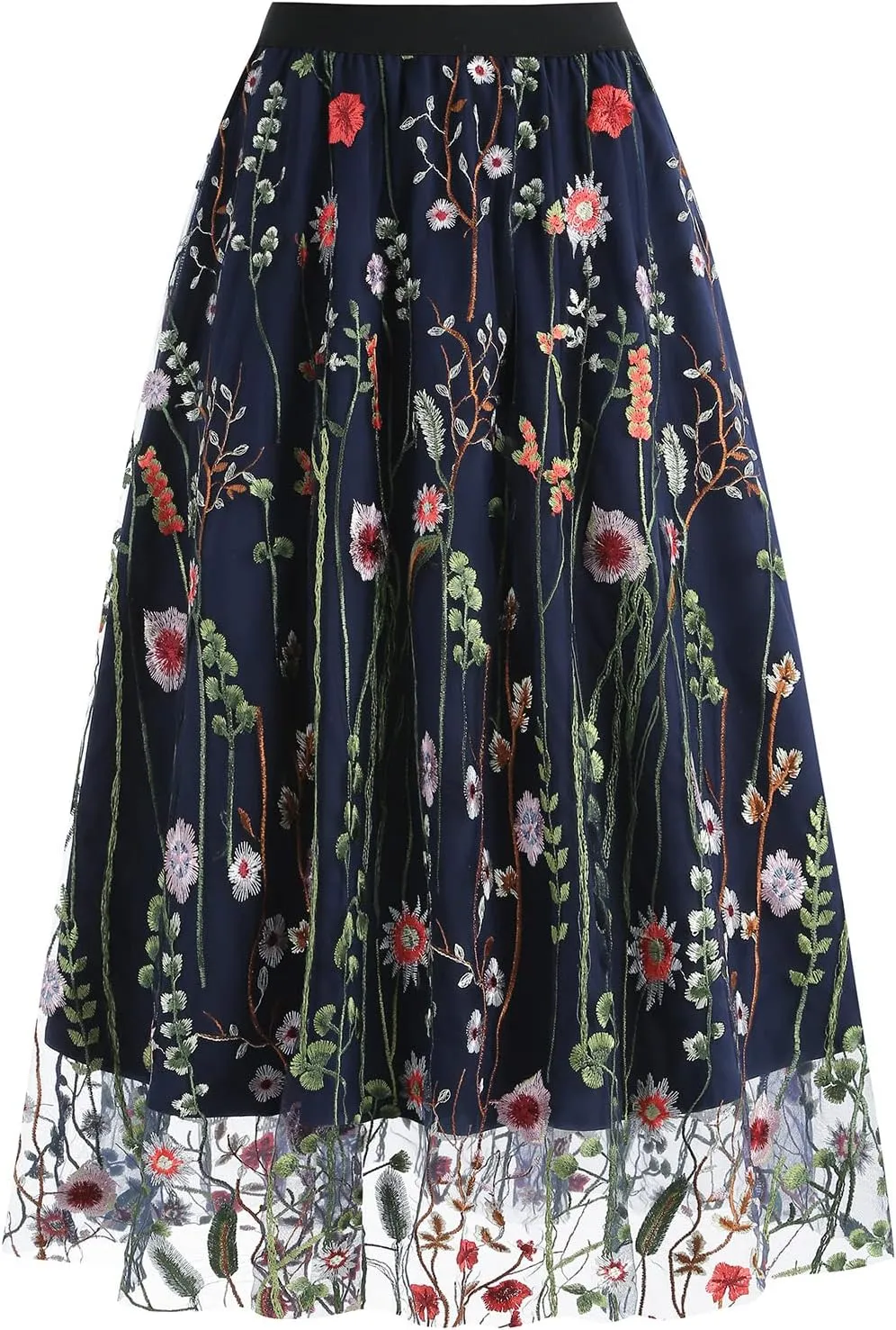 Women's Midi Length Skirt Layered Tulle A Line Skirts Embroidery/Floral Print Elastic Waist