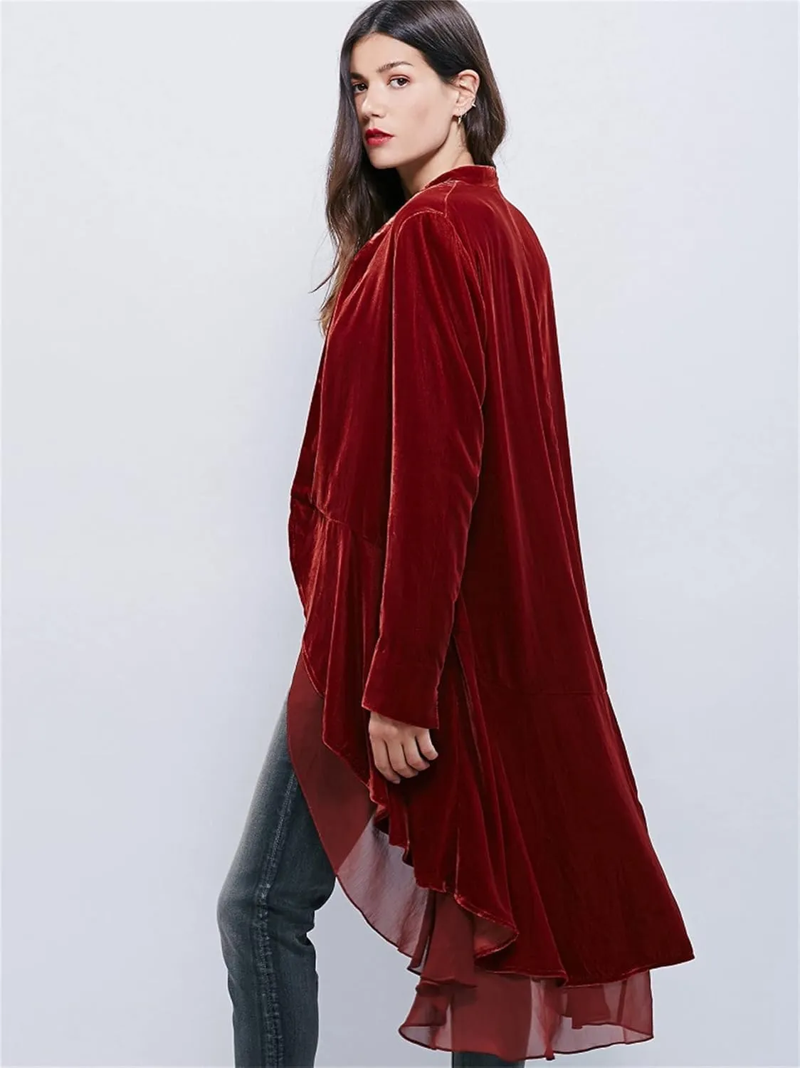 Women's Open Front Long Sleeve Velvet Cardigan Elegant Vintage Outerwear Fashion Collar Coat Long Blazers Coat