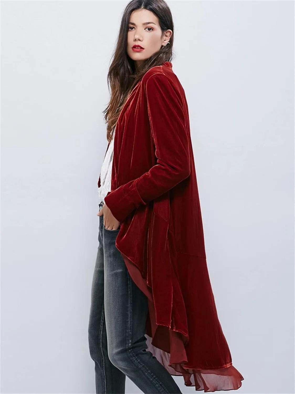 Women's Open Front Long Sleeve Velvet Cardigan Elegant Vintage Outerwear Fashion Collar Coat Long Blazers Coat