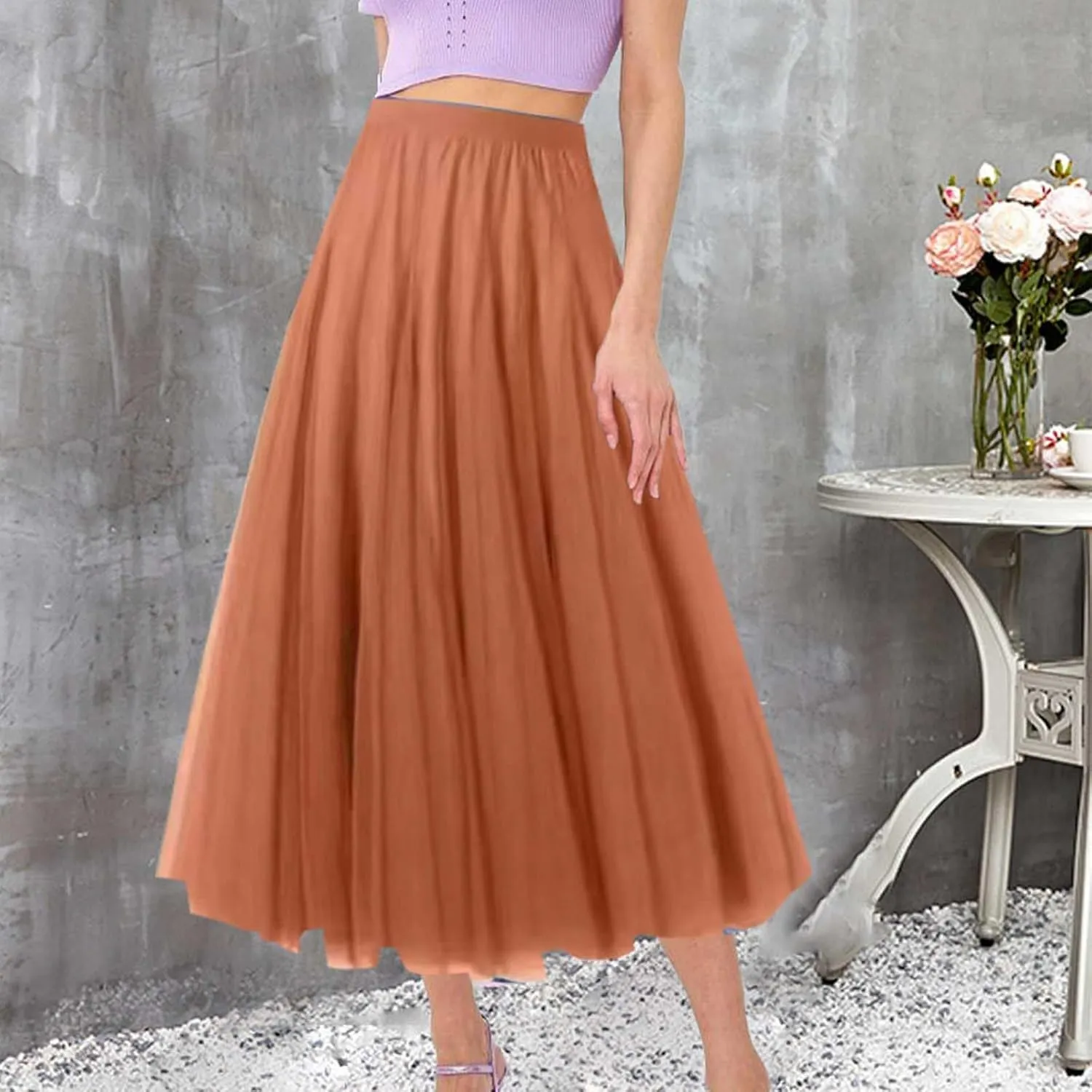 Women's Pleated Skirt Mesh Skirt Fairy Skirt Mid Length Long Skirt Dance Skirt Scrub Skirt