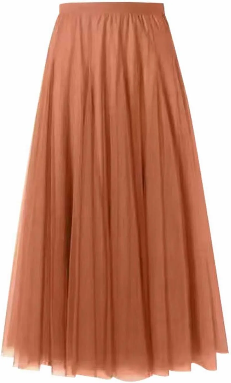 Women's Pleated Skirt Mesh Skirt Fairy Skirt Mid Length Long Skirt Dance Skirt Scrub Skirt
