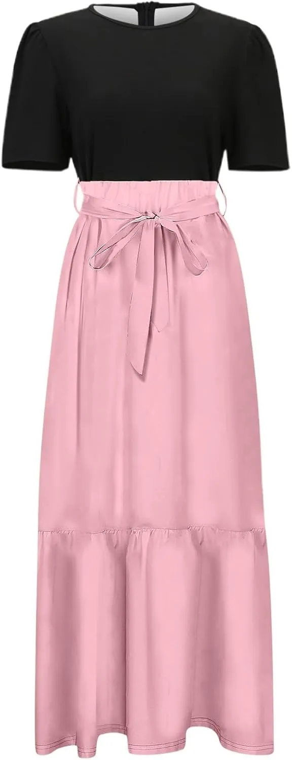 Women's Plus Size Maxi Dress Summer Half Lantern Sleeve Square Neck Smocked Flowy A-Line Elegant Wedding Guest Dresses