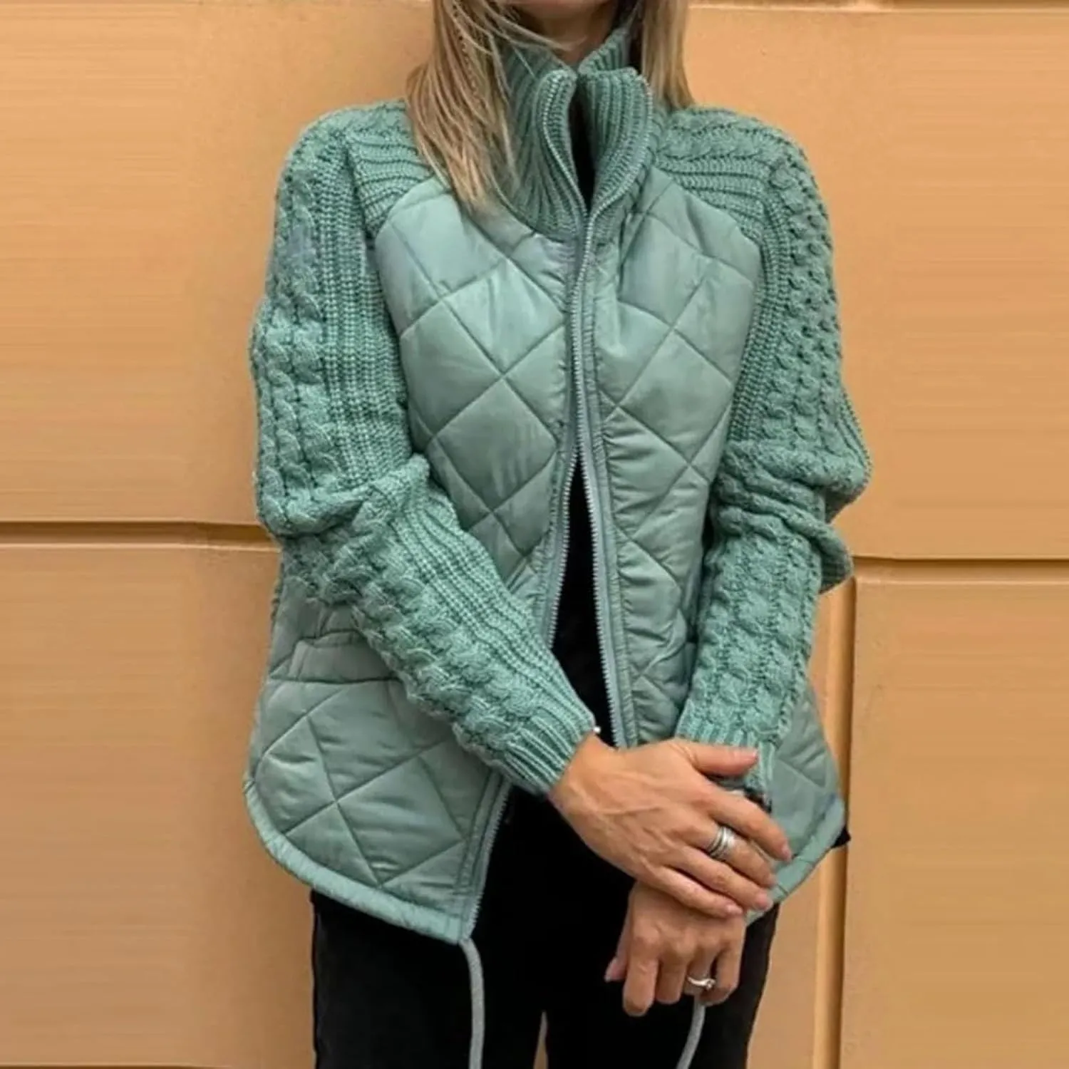 Womens Puffer Jacket Lightweight Knit Patchwork Zip Up Long Sleeve Quilted Jackets Warm Winter Outerwear 2024