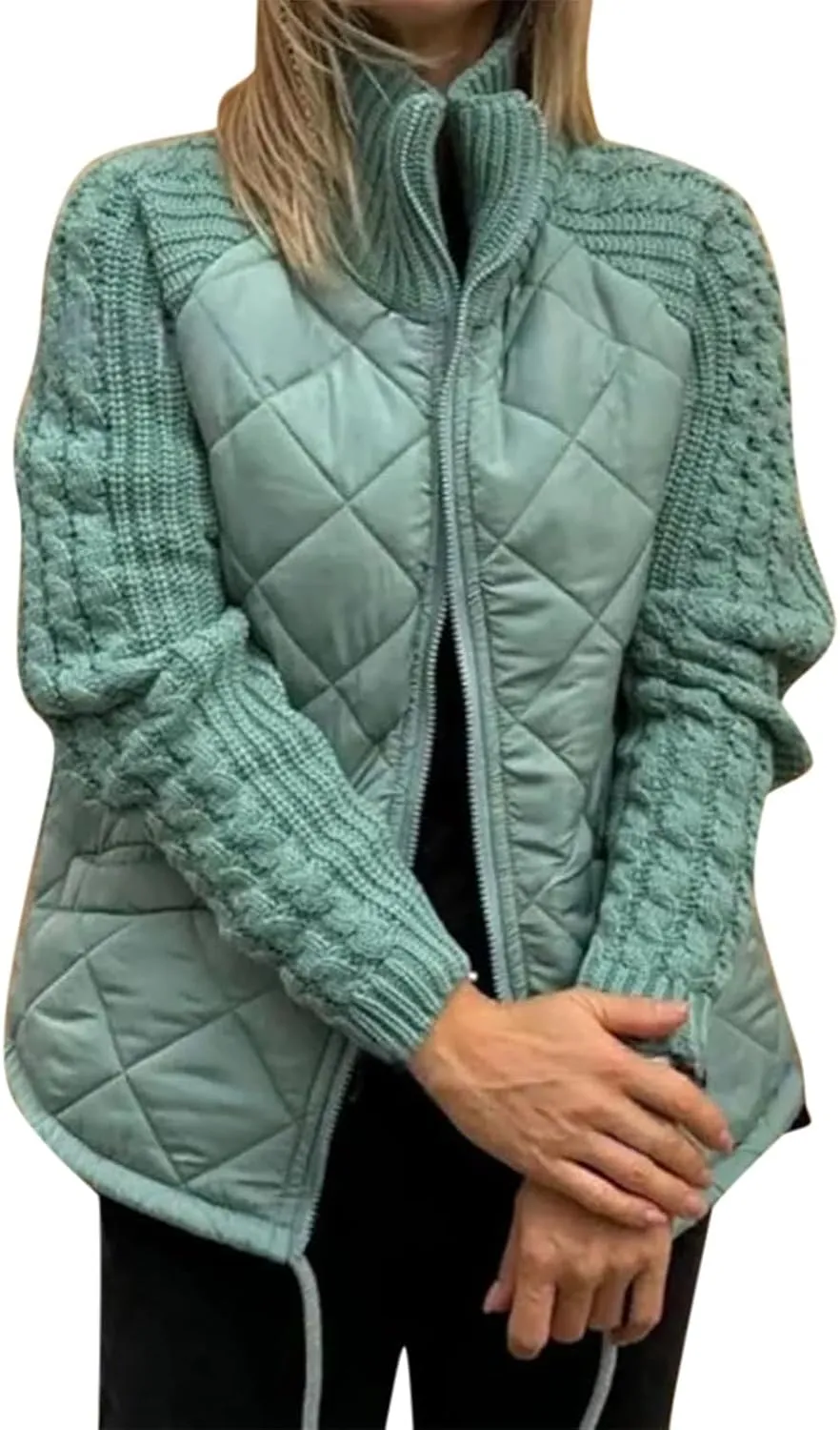 Womens Puffer Jacket Lightweight Knit Patchwork Zip Up Long Sleeve Quilted Jackets Warm Winter Outerwear 2024