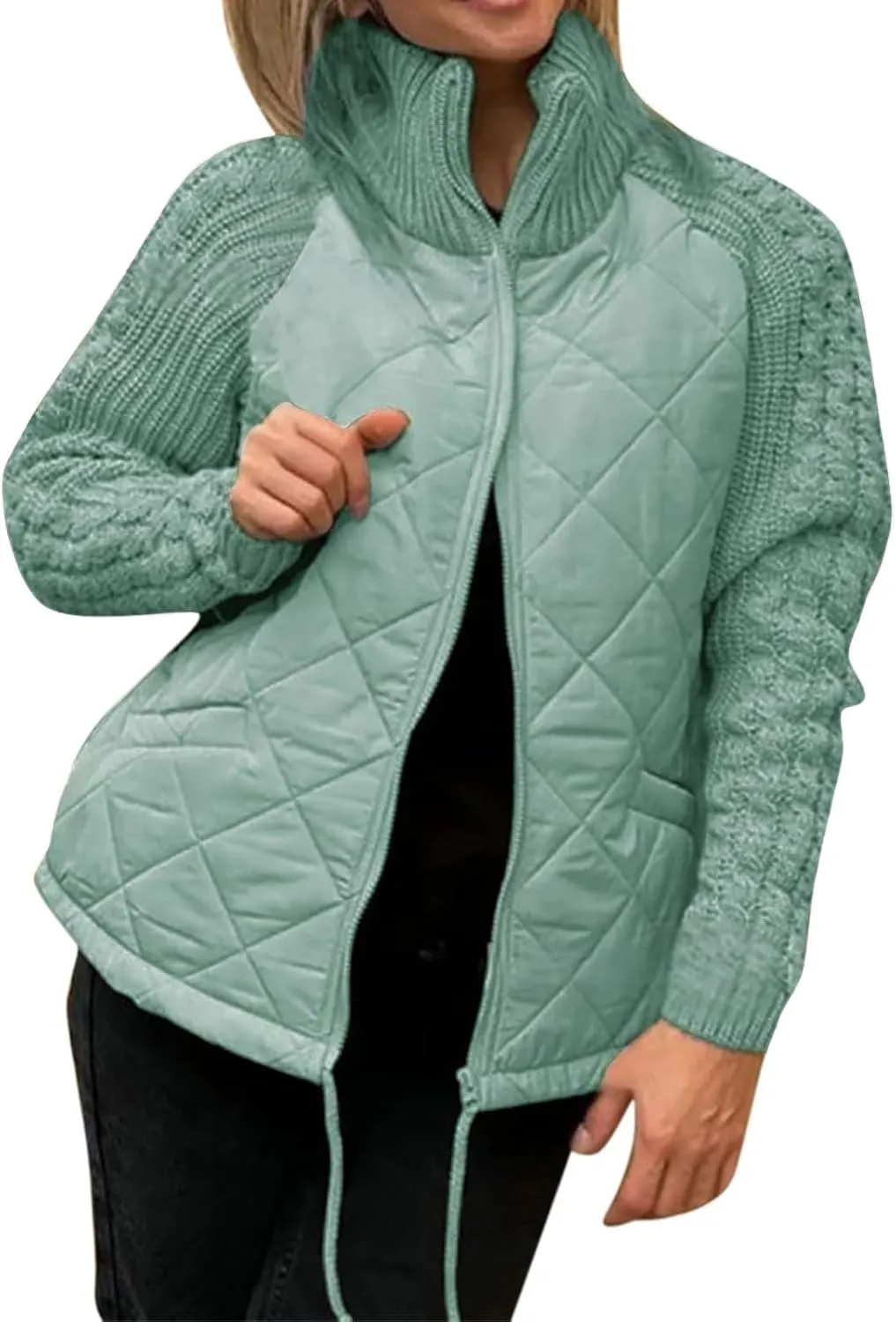 Womens Puffer Jacket Lightweight Knit Patchwork Zip Up Long Sleeve Quilted Jackets Warm Winter Outerwear 2024