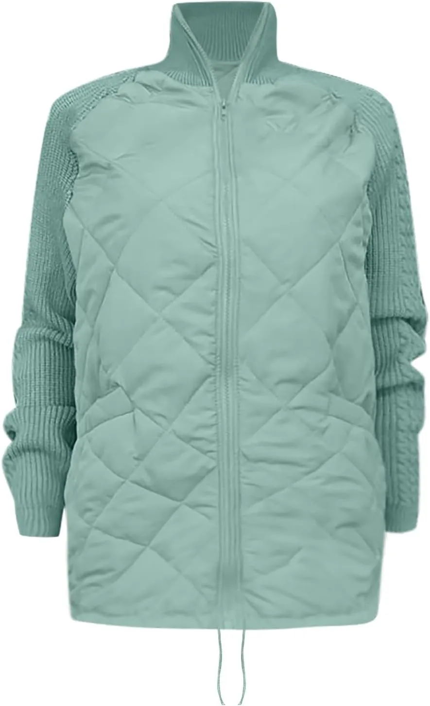 Womens Puffer Jacket Lightweight Knit Patchwork Zip Up Long Sleeve Quilted Jackets Warm Winter Outerwear 2024