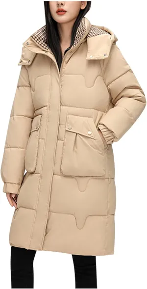 Womens Quilted Hooded Down Jacket Midium Length Plus Size Lightweight Puffer Coat Winter Warm Outfit with Pockets