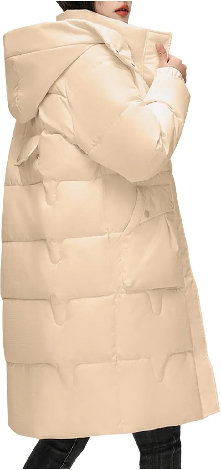 Womens Quilted Hooded Down Jacket Midium Length Plus Size Lightweight Puffer Coat Winter Warm Outfit with Pockets