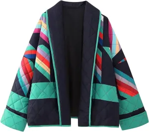 Womens Quilted Jacket Lightweight Color Block Puffer Jacket Cardigan Oversized Winter Coat Open Front Jacket Pockets