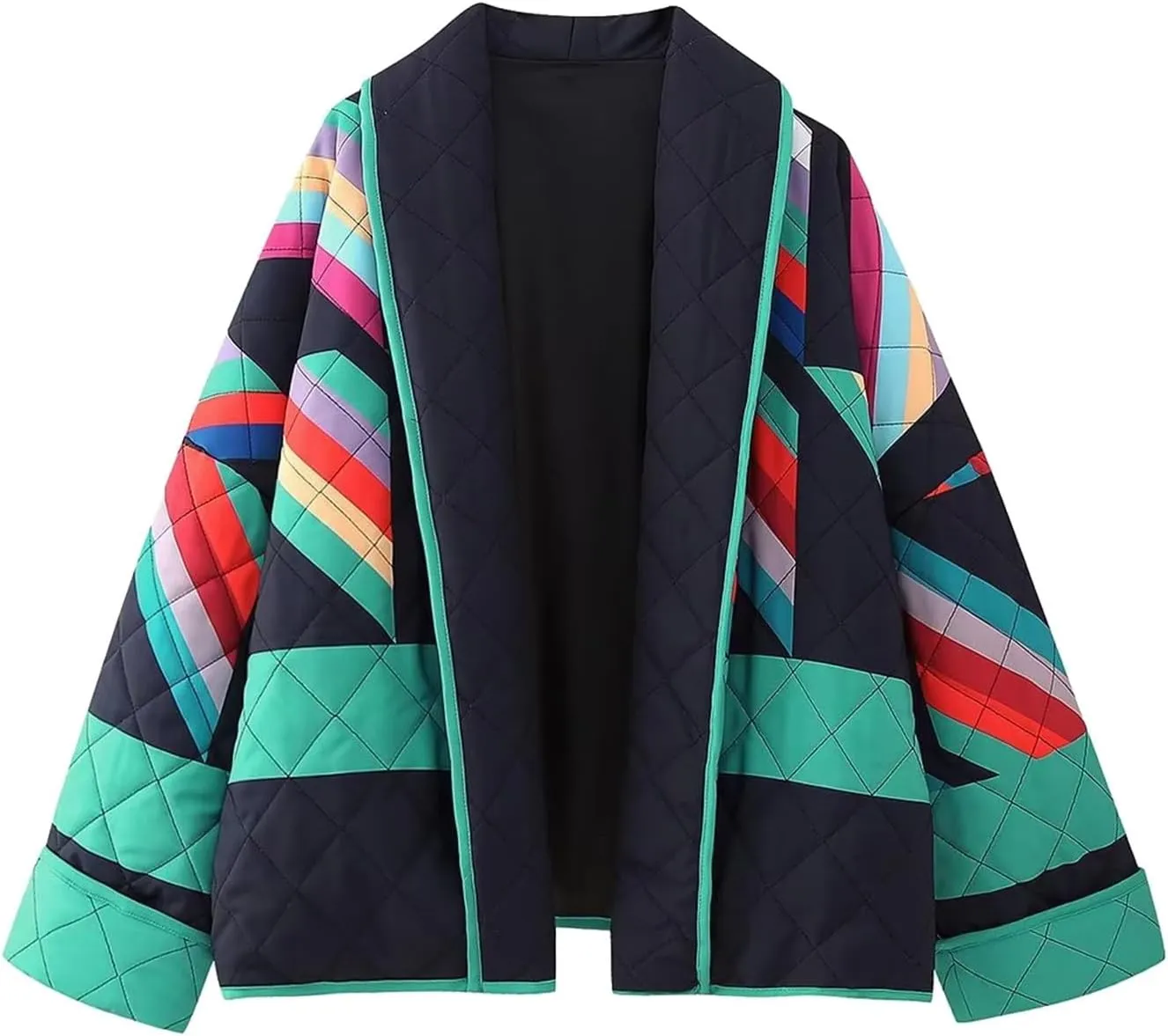 Womens Quilted Jacket Lightweight Color Block Puffer Jacket Cardigan Oversized Winter Coat Open Front Jacket Pockets