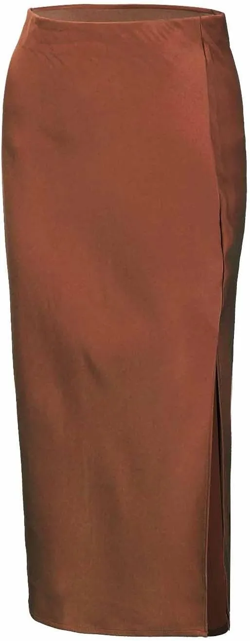 Womens Satin Silk High Waist Slit Midi Skirt Elastic Waistband Midi Skirts Elegant and Handsome Half