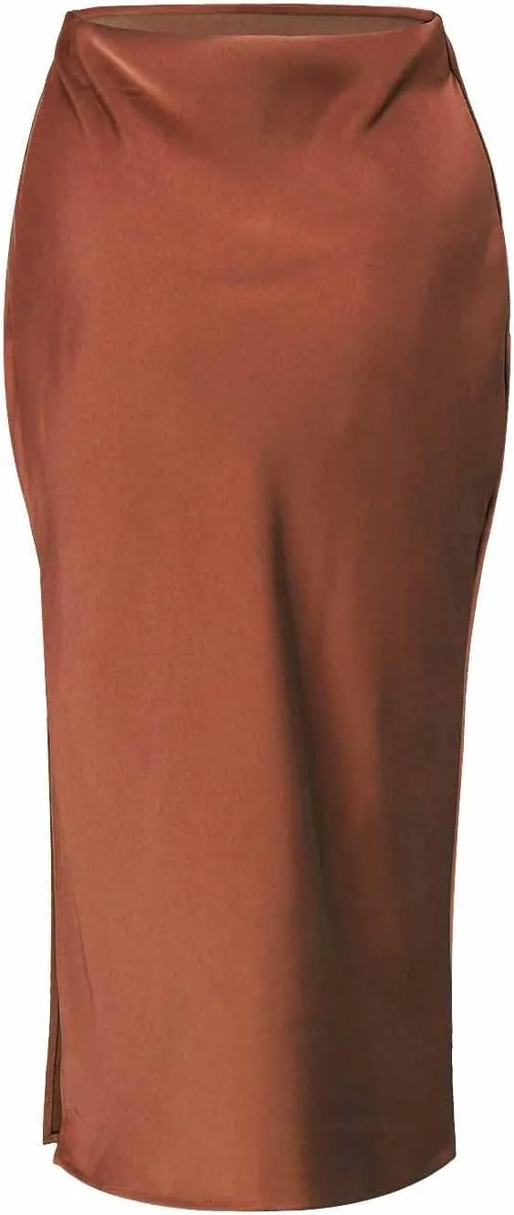 Womens Satin Silk High Waist Slit Midi Skirt Elastic Waistband Midi Skirts Elegant and Handsome Half