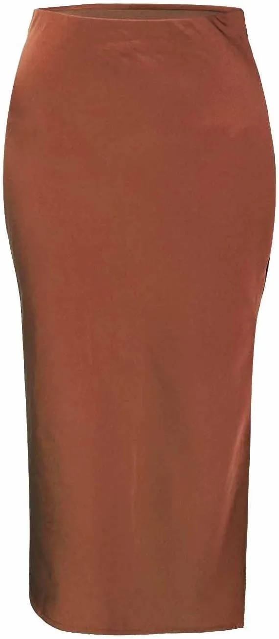 Womens Satin Silk High Waist Slit Midi Skirt Elastic Waistband Midi Skirts Elegant and Handsome Half