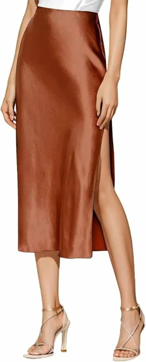 Womens Satin Silk High Waist Slit Midi Skirt Elastic Waistband Midi Skirts Elegant and Handsome Half