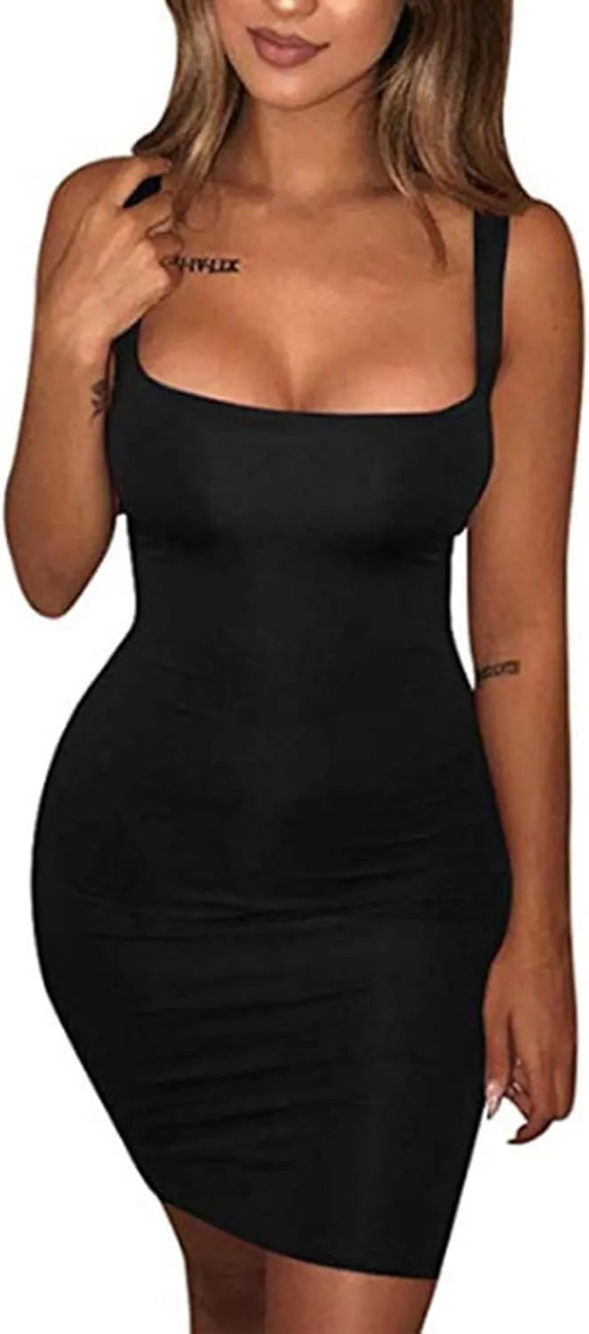 Women's Sexy Summer Form Fitting Square Neck Sleeveless Tank Dress Plus Size Loose Fit