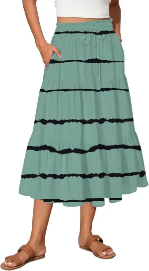 Women's Skirt Vintage Gradient Print Flared Ruffle A-Line Skirts Casual Boho Maxi Skirt with Pocket