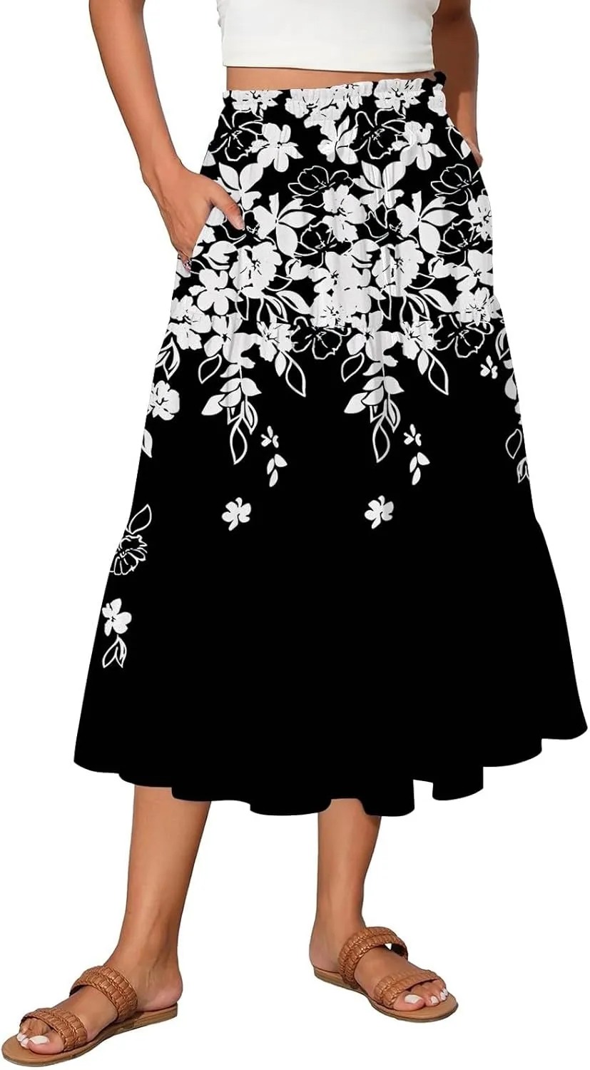 Women's Skirt Vintage Gradient Print Flared Ruffle A-Line Skirts Casual Boho Maxi Skirt with Pocket