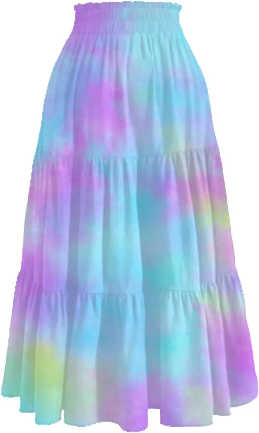 Women's Skirt Vintage Gradient Print Flared Ruffle A-Line Skirts Casual Boho Maxi Skirt with Pocket