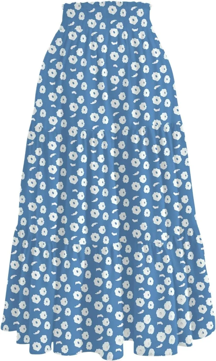 Women's Skirt Vintage Gradient Print Flared Ruffle A-Line Skirts Casual Boho Maxi Skirt with Pocket