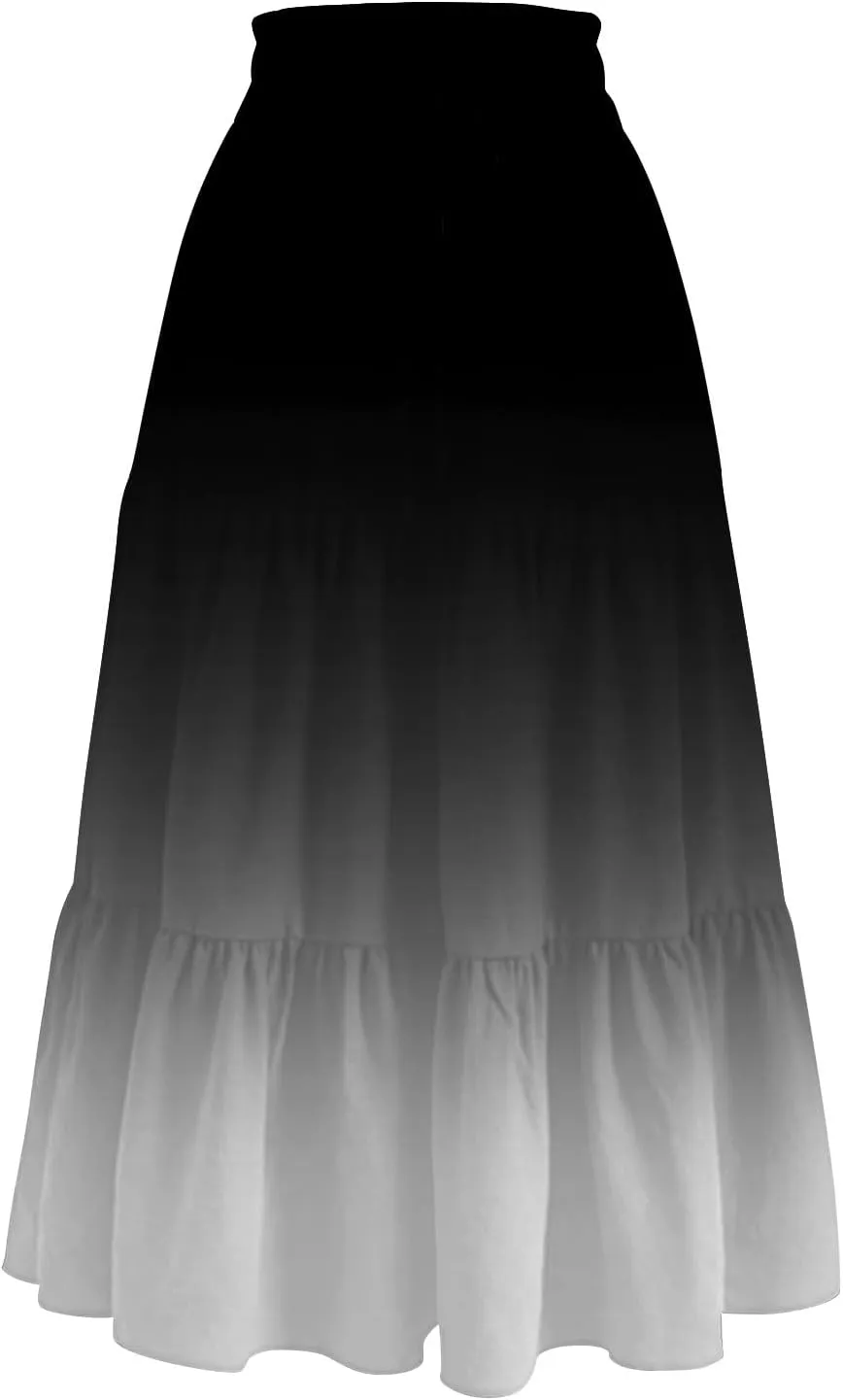 Women's Skirt Vintage Gradient Print Flared Ruffle A-Line Skirts Casual Boho Maxi Skirt with Pocket