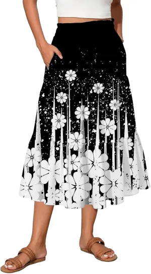 Women's Skirt Vintage Gradient Print Flared Ruffle A-Line Skirts Casual Boho Maxi Skirt with Pocket