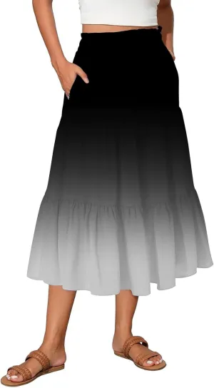 Women's Skirt Vintage Gradient Print Flared Ruffle A-Line Skirts Casual Boho Maxi Skirt with Pocket
