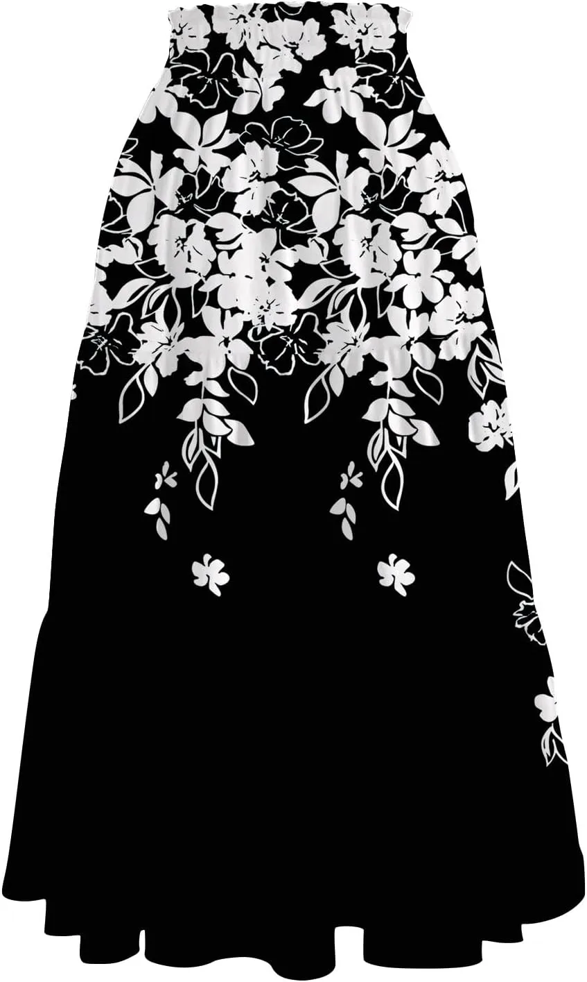 Women's Skirt Vintage Gradient Print Flared Ruffle A-Line Skirts Casual Boho Maxi Skirt with Pocket