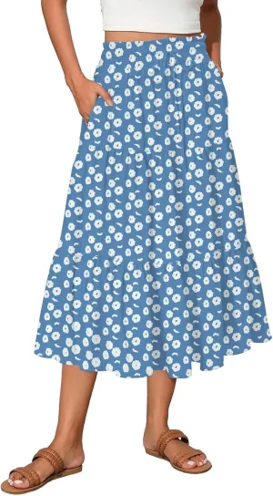 Women's Skirt Vintage Gradient Print Flared Ruffle A-Line Skirts Casual Boho Maxi Skirt with Pocket