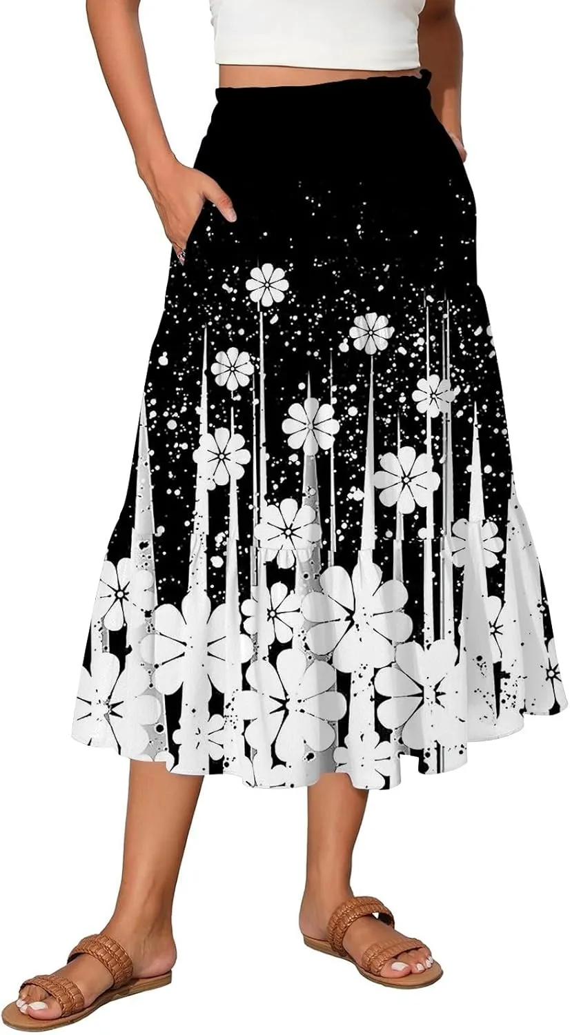 Women's Skirt Vintage Gradient Print Flared Ruffle A-Line Skirts Casual Boho Maxi Skirt with Pocket