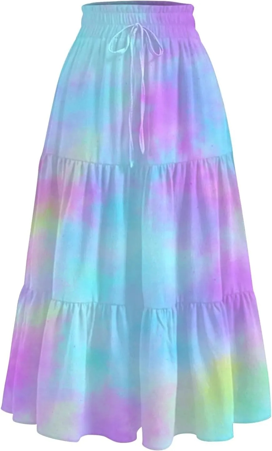 Women's Skirt Vintage Gradient Print Flared Ruffle A-Line Skirts Casual Boho Maxi Skirt with Pocket