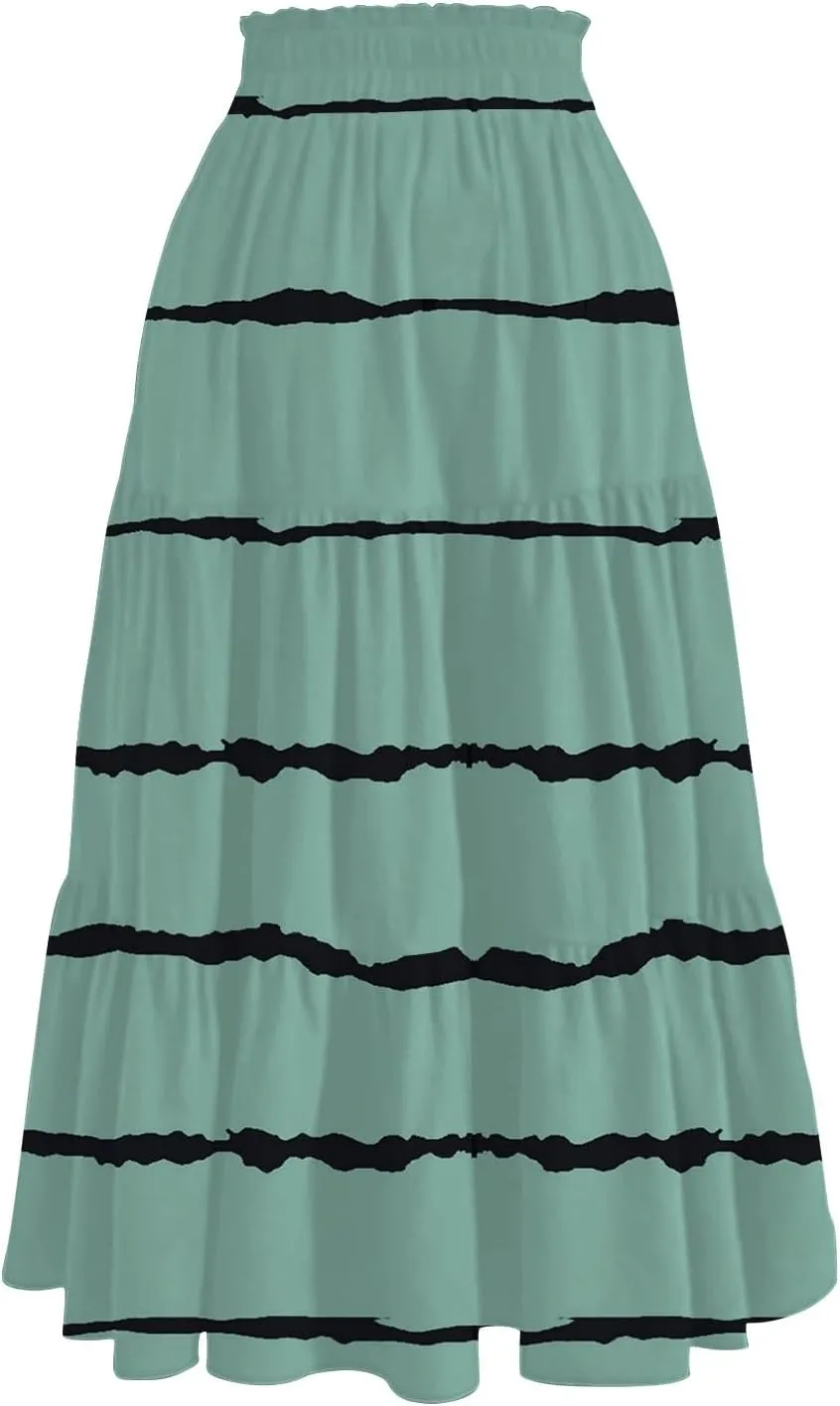 Women's Skirt Vintage Gradient Print Flared Ruffle A-Line Skirts Casual Boho Maxi Skirt with Pocket