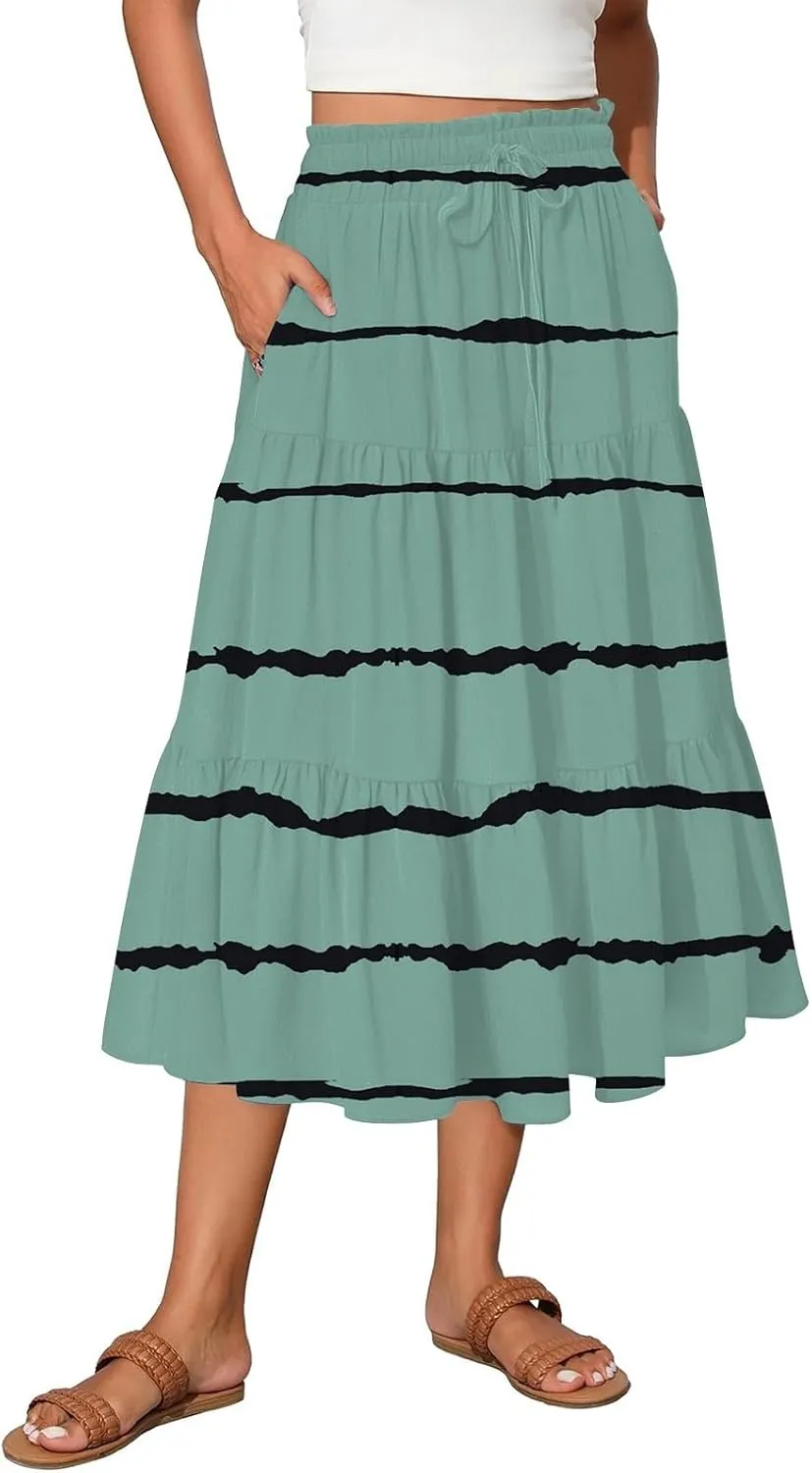 Women's Skirt Vintage Gradient Print Flared Ruffle A-Line Skirts Casual Boho Maxi Skirt with Pocket