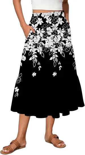 Women's Skirt Vintage Gradient Print Flared Ruffle A-Line Skirts Casual Boho Maxi Skirt with Pocket