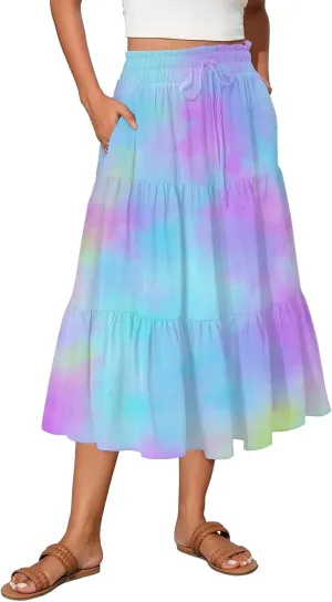 Women's Skirt Vintage Gradient Print Flared Ruffle A-Line Skirts Casual Boho Maxi Skirt with Pocket