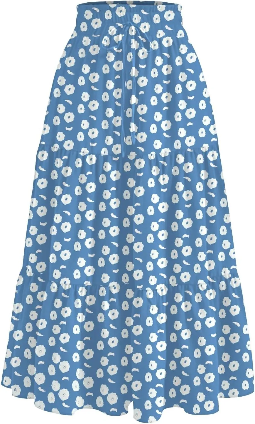 Women's Skirt Vintage Gradient Print Flared Ruffle A-Line Skirts Casual Boho Maxi Skirt with Pocket