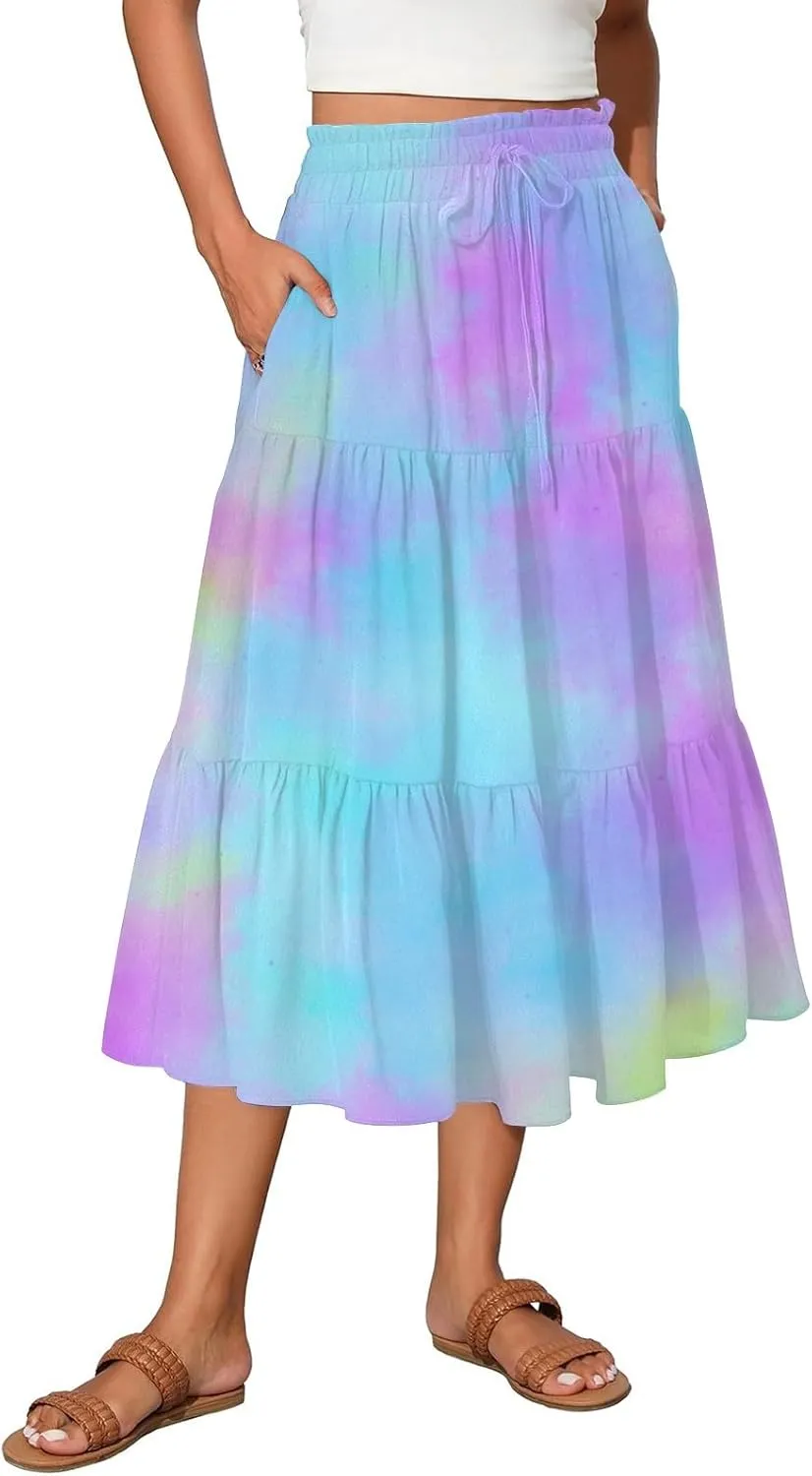 Women's Skirt Vintage Gradient Print Flared Ruffle A-Line Skirts Casual Boho Maxi Skirt with Pocket