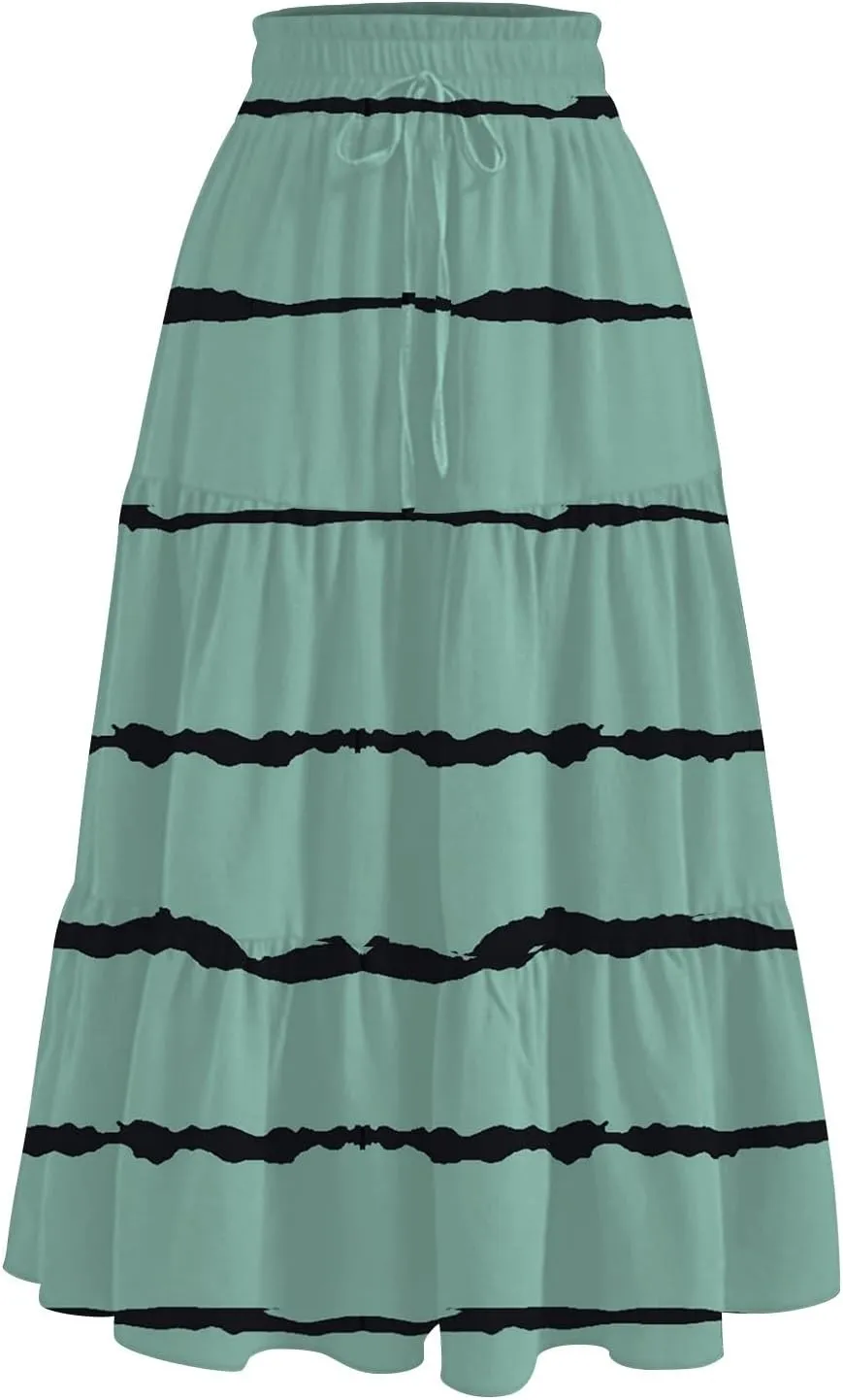 Women's Skirt Vintage Gradient Print Flared Ruffle A-Line Skirts Casual Boho Maxi Skirt with Pocket