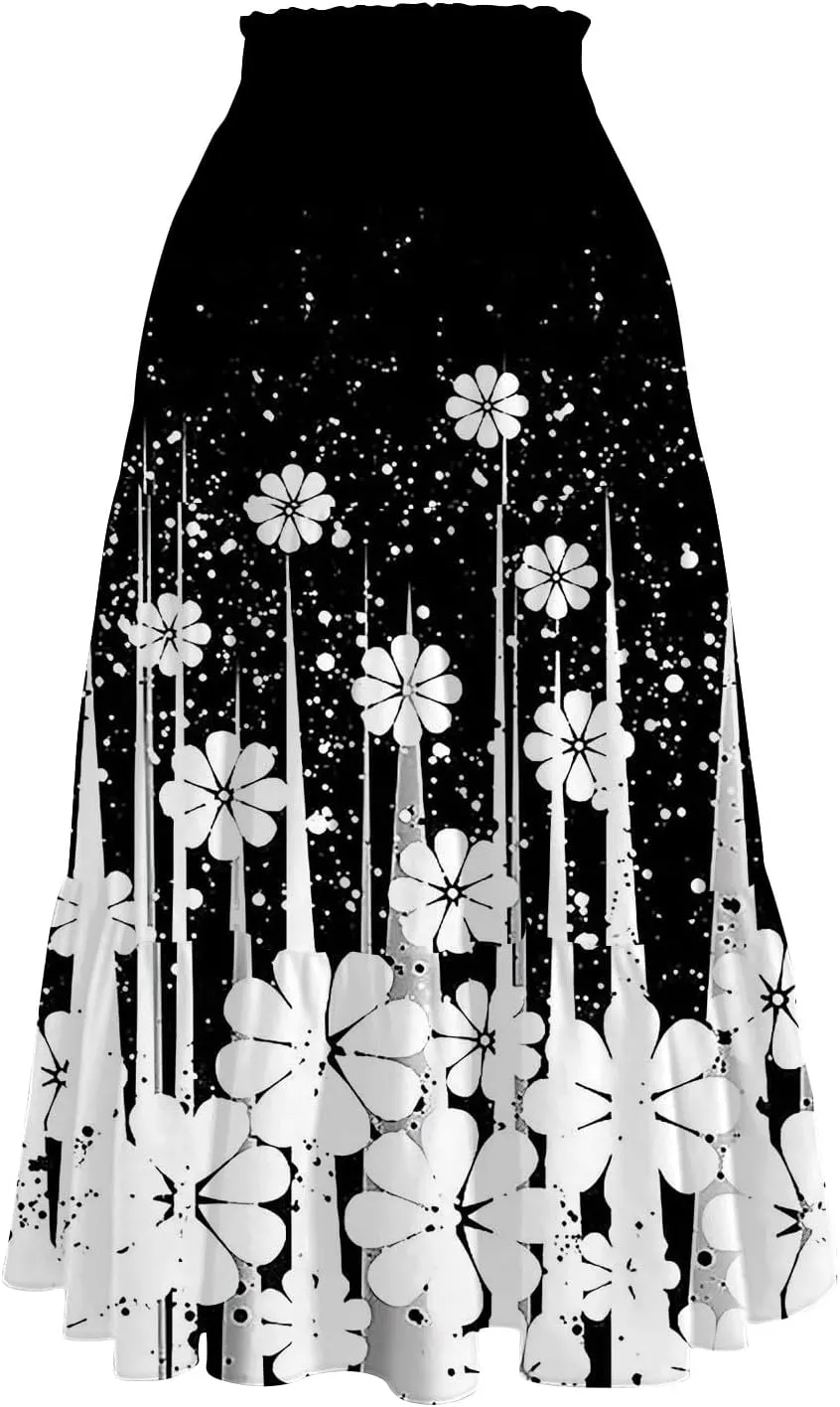 Women's Skirt Vintage Gradient Print Flared Ruffle A-Line Skirts Casual Boho Maxi Skirt with Pocket