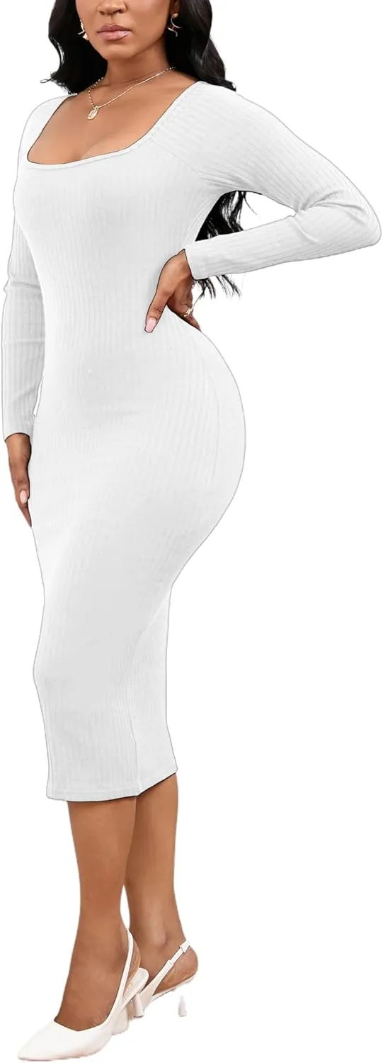 Women's Square Neck Long Sleeve Dress Ribbed Knit Cocktail Party Club Bodycon Slim Fit Midi Sweater Dress