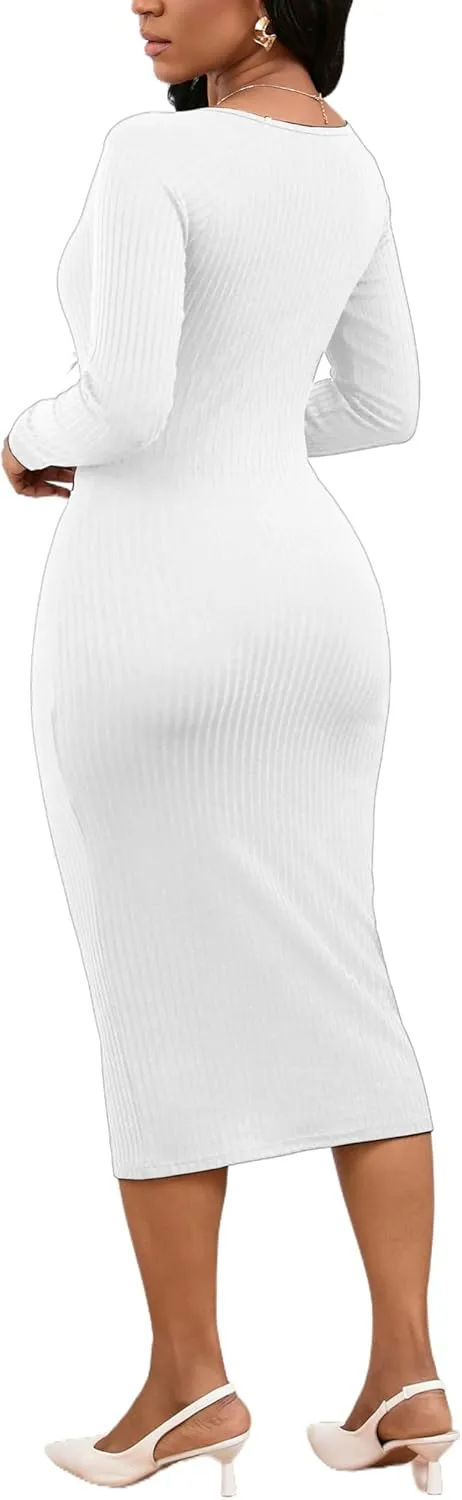 Women's Square Neck Long Sleeve Dress Ribbed Knit Cocktail Party Club Bodycon Slim Fit Midi Sweater Dress