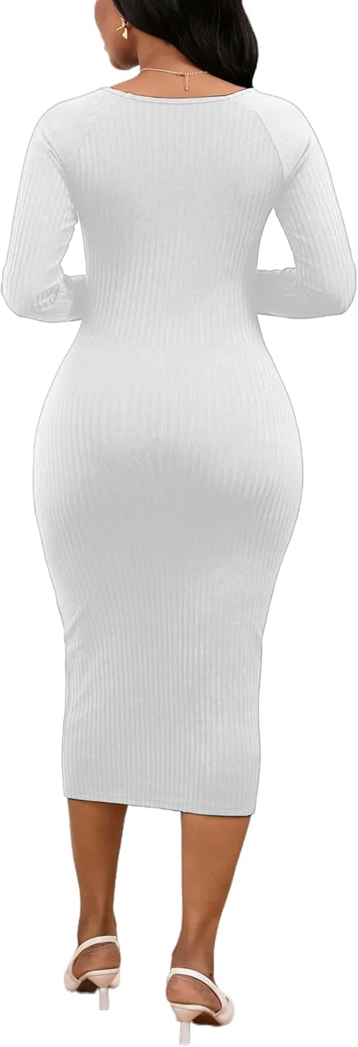 Women's Square Neck Long Sleeve Dress Ribbed Knit Cocktail Party Club Bodycon Slim Fit Midi Sweater Dress