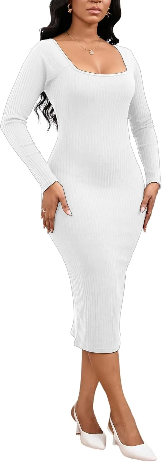 Women's Square Neck Long Sleeve Dress Ribbed Knit Cocktail Party Club Bodycon Slim Fit Midi Sweater Dress