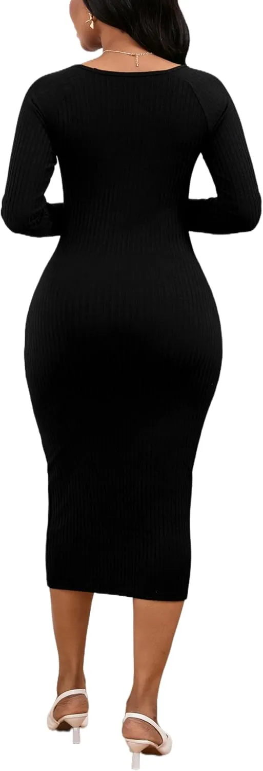 Women's Square Neck Long Sleeve Dress Ribbed Knit Cocktail Party Club Bodycon Slim Fit Midi Sweater Dress