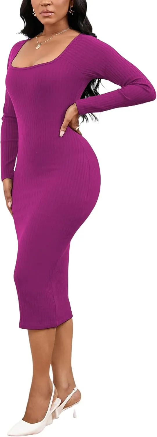 Women's Square Neck Long Sleeve Dress Ribbed Knit Cocktail Party Club Bodycon Slim Fit Midi Sweater Dress