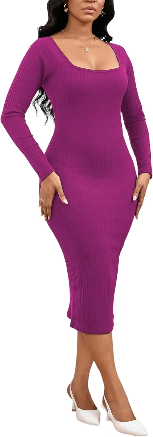 Women's Square Neck Long Sleeve Dress Ribbed Knit Cocktail Party Club Bodycon Slim Fit Midi Sweater Dress